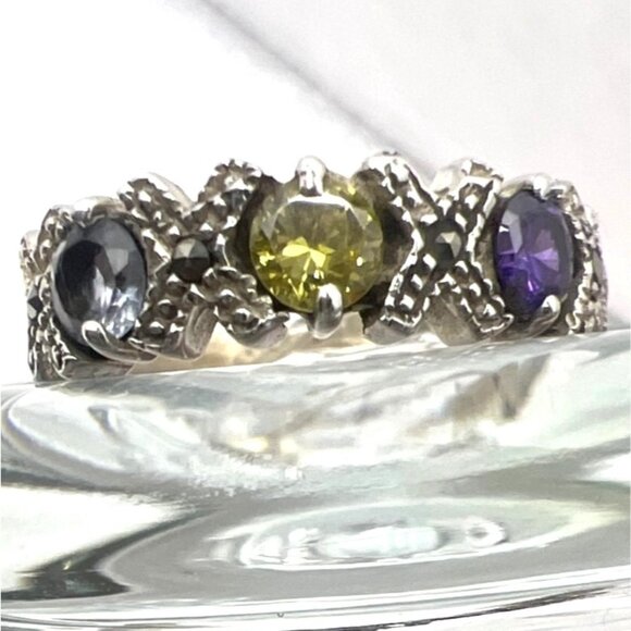 Sterling Silver Ring XOXO Amethyst Citrine Blue Topaz Marcasites Sz7.75 - Picture 1 of 8
